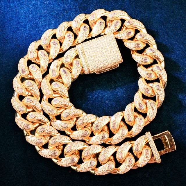 Mens 20mm Clear Gemstone Tattoo Tears Hip Hop Cuban Link Blinged Out Chain Necklace