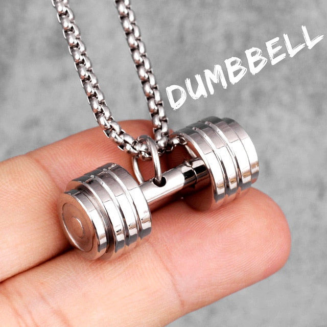 Titanium Stainless Steel No Fade Dumbbell Gold Silver Black Fitness Pendant Chain Necklace