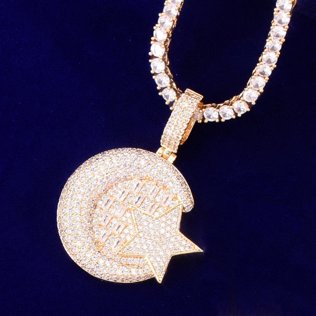Celestial Wisdom | Gold 925 Silver Crescent Moon Star Baguette Iced Pendant