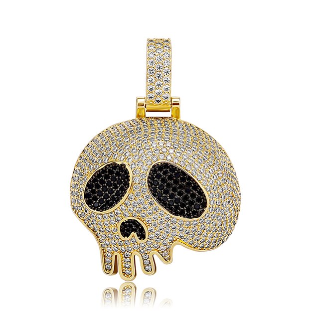 Mens 14k Gold 925 Silver Flooded Ice Broken Skull Head Hip Hop Pendant Chain Necklace