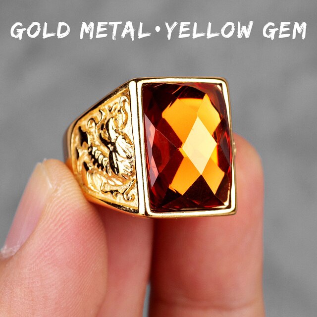 Mens Gemstone Phoenix Dragon No Fade 14k Gold Over Stainless Steel Street Wear Bling Rings