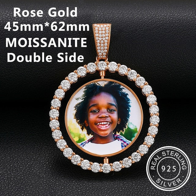 Custom 925 Solid VVS Lab Diamond Round Memory Photo Medallion Hip Hop Pendant Necklaces