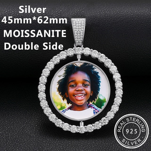 Custom 925 Solid VVS Lab Diamond Round Memory Photo Medallion Hip Hop Pendant Necklaces