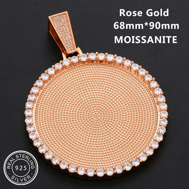 Custom 925 Solid VVS Lab Diamond Round Memory Photo Medallion Hip Hop Pendant Necklaces