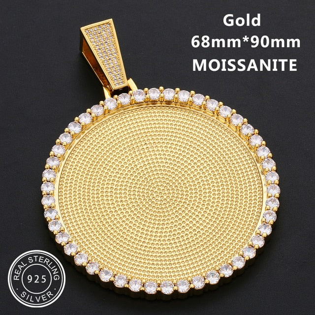 Custom 925 Solid VVS Lab Diamond Round Memory Photo Medallion Hip Hop Pendant Necklaces