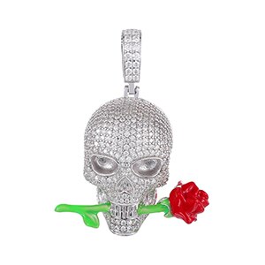 Original Design Genuine VVS Diamond Glowing Skull Biting Rose Hip Hop Pendant Chain Necklace