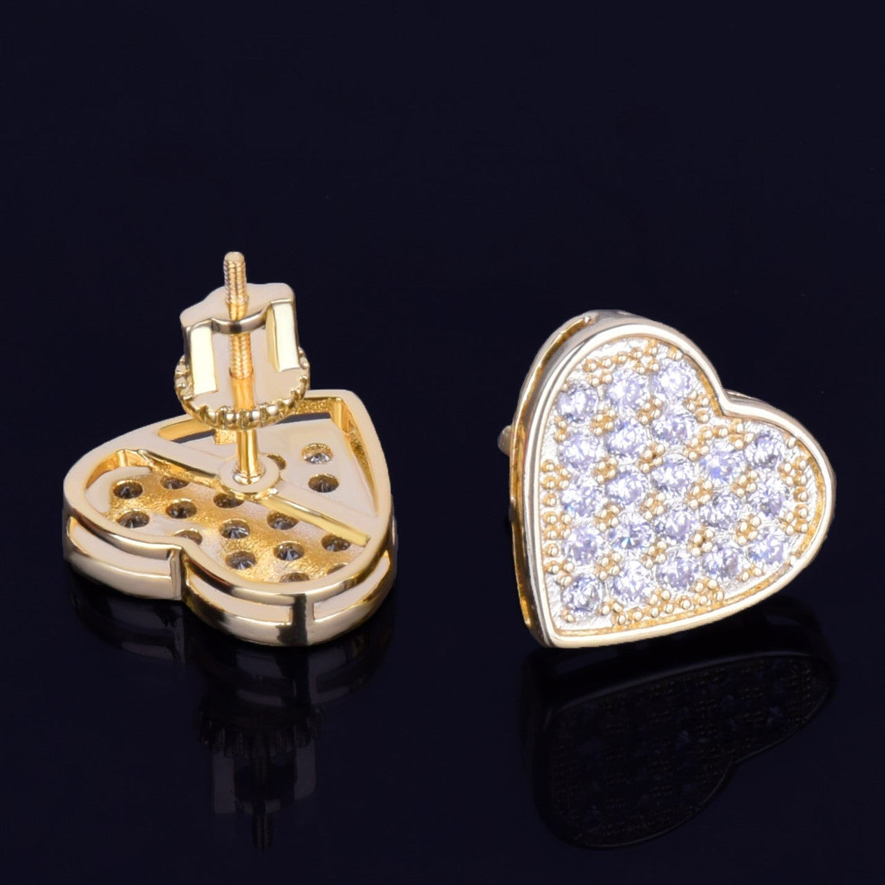 Heart-Shaped | 18k Gold Silver Stud VVS CZ Prong Set Bling Stone Screw Back Earrings