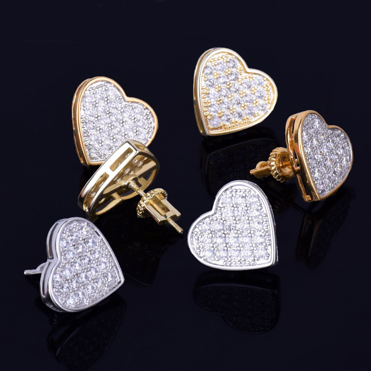 14MM Heart-Shaped 14k Gold Silver Stud AAA Micro Pave Bling Stone Screw Back Earrings