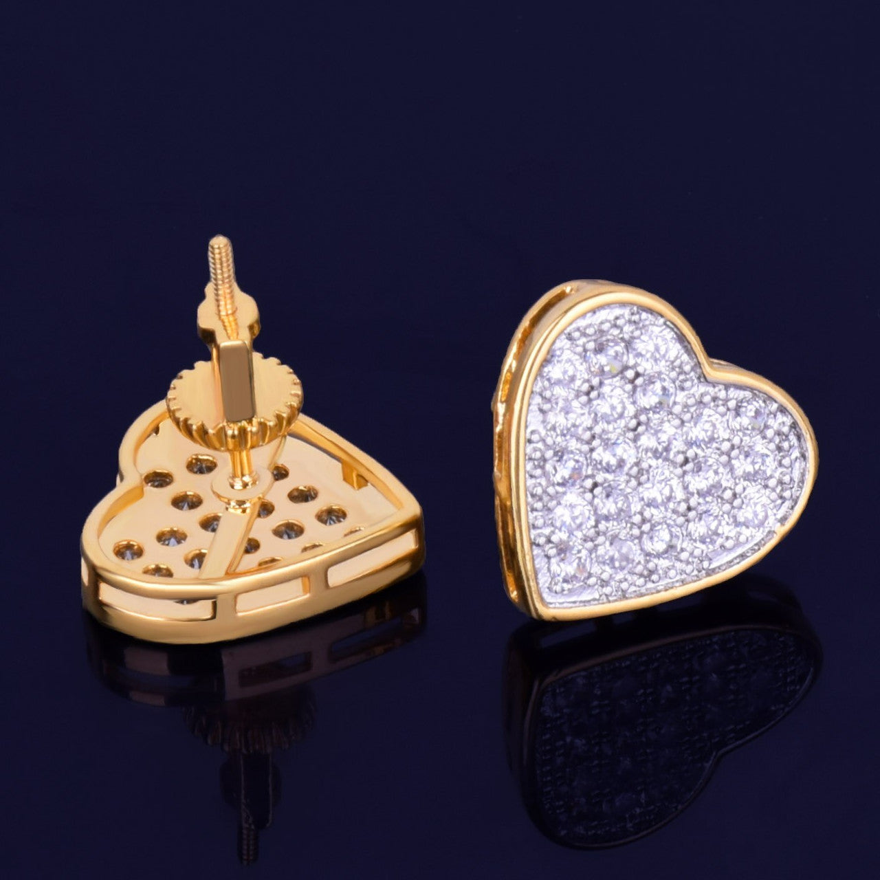 Heart-Shaped | 18k Gold Silver Stud VVS CZ Prong Set Bling Stone Screw Back Earrings