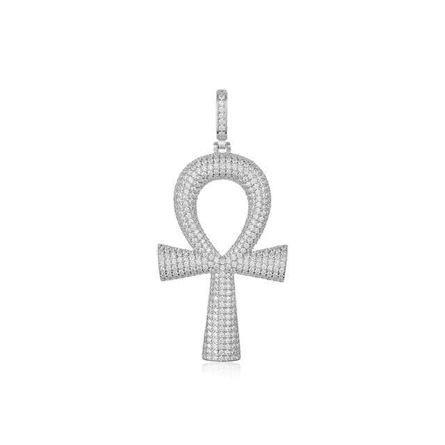 Genuine VVS Diamond Iced Blinged Out Ankh Cross 925 Silver Pendant Chain
