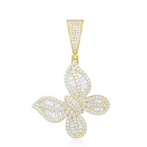 Ladies Delicate Butterfly Genuine VVS Diamond Baguette Solid 925 Iced Blinged Out Pendant