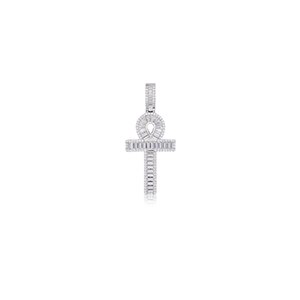 Ancient African Original Ankh Cross Genuine VVS Diamond Baguette Solid Silver Cross Pendant