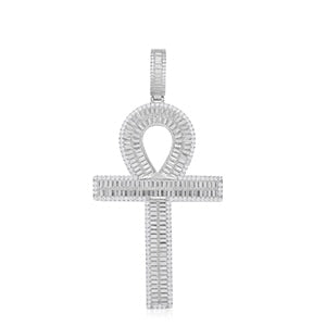 Ancient African Original Ankh Cross Genuine VVS Diamond Baguette Solid Silver Cross Pendant