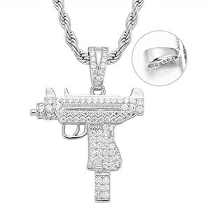 Solid 925 Sterling Silver UZI Machine 5A Diamond Simulate Hip Hop Pendant Chain
