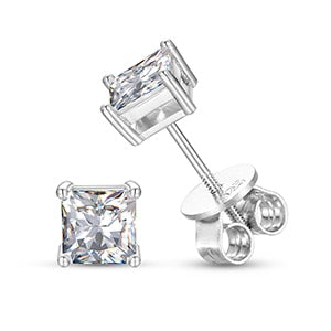 Solid Sterling Silver VVS Diamond Princess Cut 1ct Prong Set Stud Earrings