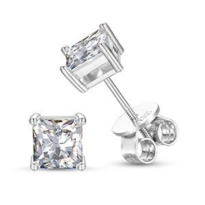 Solid Sterling Silver VVS Diamond Princess Cut 1ct Prong Set Stud Earrings