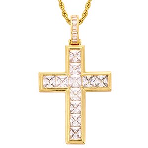 Mens Deep Set Princess Cut Stone Spiritual Cross Pendant Chain Necklace