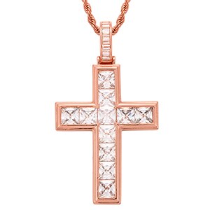 Mens Deep Set Princess Cut Stone Spiritual Cross Pendant Chain Necklace