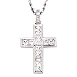 Mens Deep Set Princess Cut Stone Spiritual Cross Pendant Chain Necklace