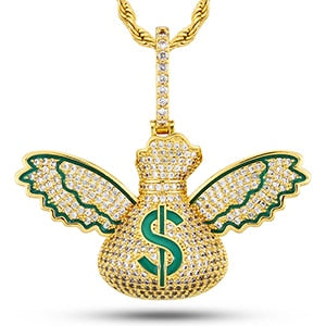 Mens Flooded Ice Money Bags Flying To Me 18k Gold 925 Silver Hip Hop Pendant