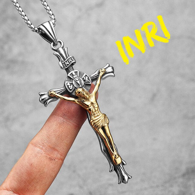 INRI | Solid No Fade Stainless Steel Jesus Passion Cross Pendant Chain Necklace