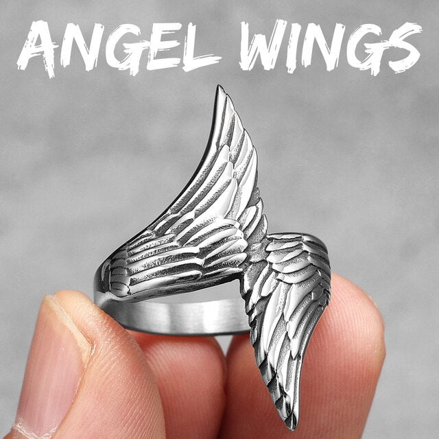 Mens No Fade Eccentric Creative Angel Wings Stainless Steel Street Wear Rings