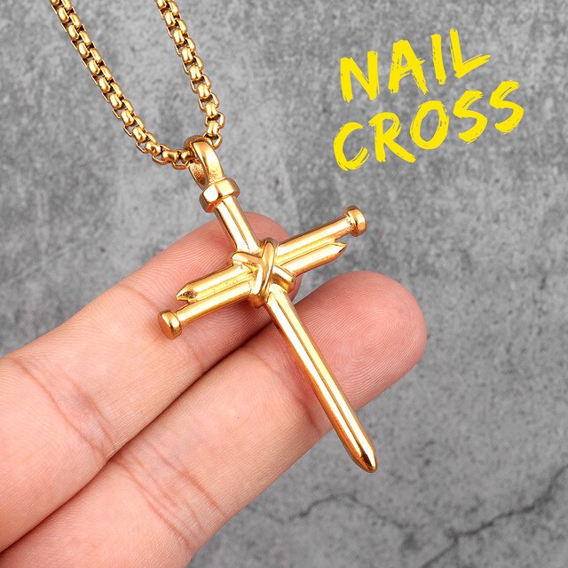 No Fade Stainless Steel 14k Gold Black Rugged Jesus Nail Cross Pendant