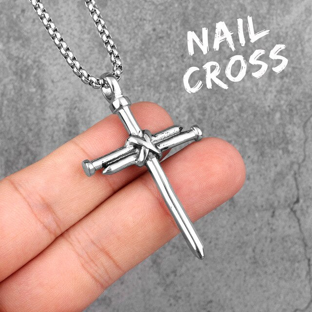 No Fade Stainless Steel 14k Gold Black Rugged Jesus Nail Cross Pendant