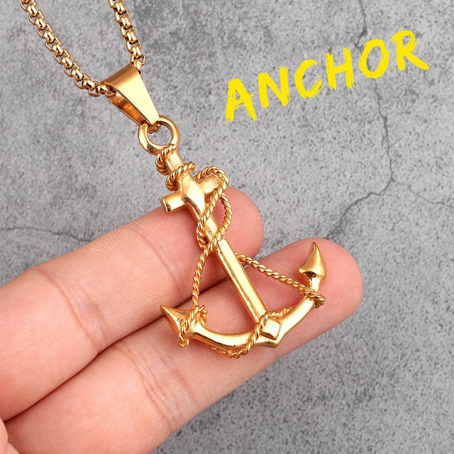 14k Gold Over Solid No Fade Stainless Steel Ship Anchor Pendant Chain Necklace
