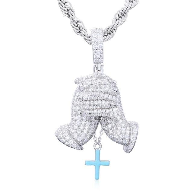 Mens Hip Hop Genuine VVS Diamond Solid Sterling Silver Prayer Hands Cross Pendant