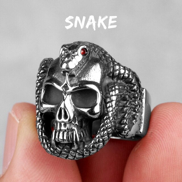 Mens 316L Ancient Snake Skull Solid 316L Stainless Steel Street Wear No Fade Rings
