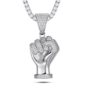 Mens Flooded Ice Black Power Fist Micro Paved Hip Hop Pendant Chain Necklace