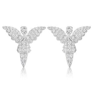 18k Gold 925 Solid Silver Guardian Angel VVS Genuine Diamond Bling Earrings