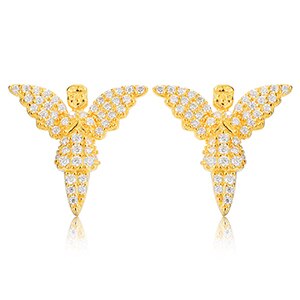18k Gold 925 Solid Silver Guardian Angel VVS Genuine Diamond Bling Earrings