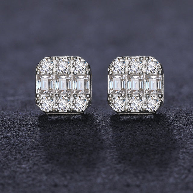 Genuine VVS Diamond Stone Solid Silver Ascher Cut Square Iced Blinged Out Earrings