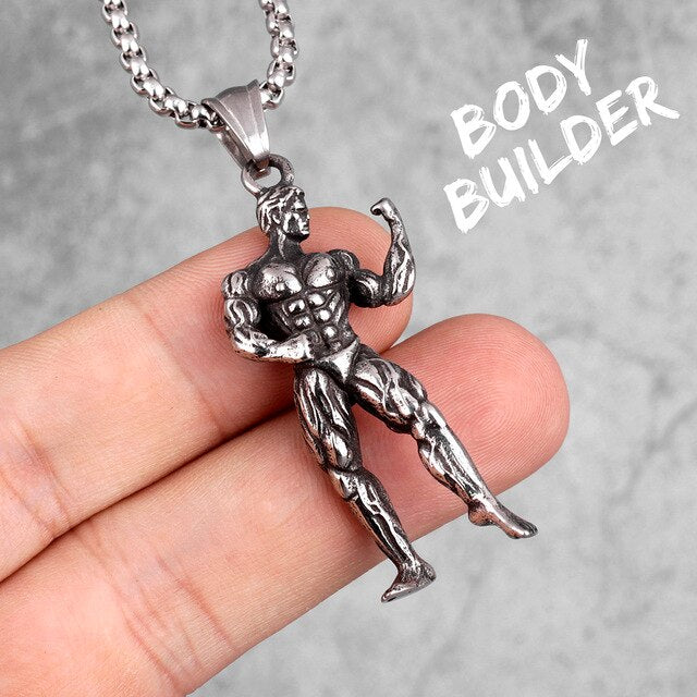 316L Solid Stainless Steel Getting Gains Body Builder Pendant Chain Necklace