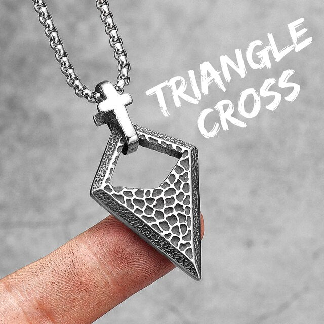 Mens Unique Design Triangle Cross Spiritual No Fade Stainless Pendant
