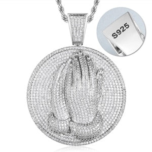 Mens Iced Out Solid 925 Sterling Silver Hip Hop Prayer Hand Iced Blinged Out Pendant