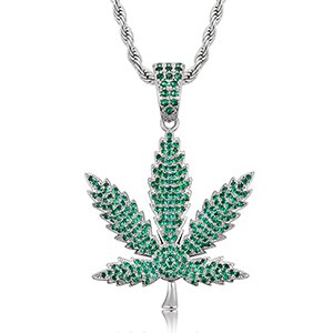 Flooded Ice Green Colorful Stone Iced Blinged Out Weed Leaf Hip Hop Pendant Chain Necklace