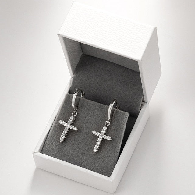 Solid 925 Sterling Silver Huggie Cross Hip Hop Iced Blinged Out Earrings
