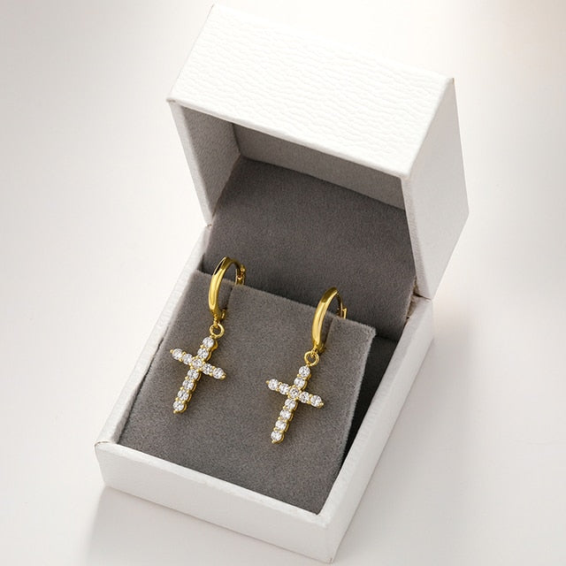 Solid 925 Sterling Silver Huggie Cross Hip Hop Iced Blinged Out Earrings