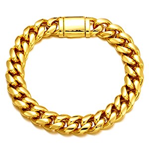 Mens 14k Gold Over Solid No Fade 316L Stainless Steel Hip Hop Cuban Link Bracelet