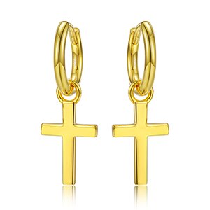 18k Gold Over Genuine Solid 925 Sterling Silver Huggie Hoop Cross Dangling Earrings