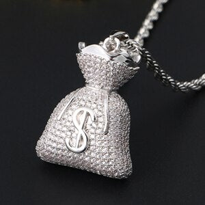 Mens Iced Blinged Out Prong Set Money Bag 18k Gold 925 Silver Hip Hop Pendant