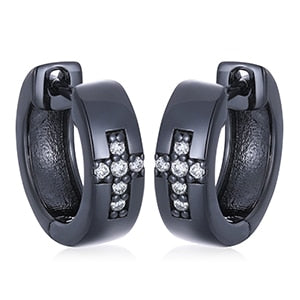 Mens Unique Style Solid 925 Silver Genuine VVS Diamond Black Huggie Cross Hip Hop Earrings