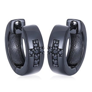 Mens Unique Style Solid 925 Silver Genuine VVS Diamond Black Huggie Cross Hip Hop Earrings