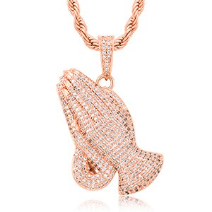 Mens Hip Hop 18k 925 Silver Rose Gold Jesus Hands Of Prayer Pendant Chain Necklace