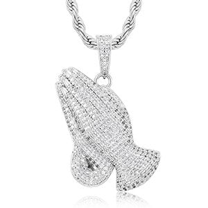 Mens Hip Hop 18k 925 Silver Rose Gold Jesus Hands Of Prayer Pendant Chain Necklace