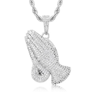 Mens Hip Hop 18k 925 Silver Rose Gold Jesus Hands Of Prayer Pendant Chain Necklace