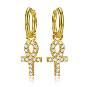 Solid 925 Sterling Silver Hoop Huggie African Ankh Cross Street Wear Bling Earrings